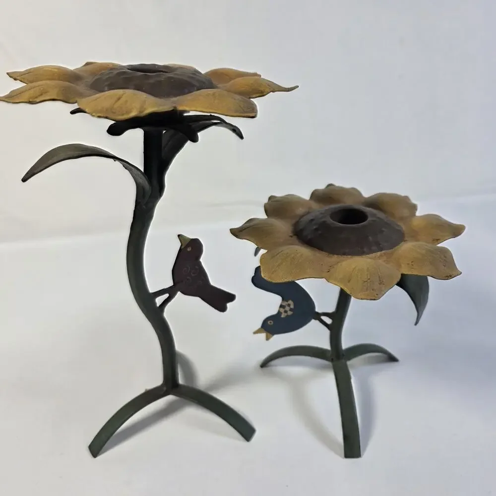 Vintage Midwest of Cannon Falls Sunflower Bird Metal Candle Holders Set 2